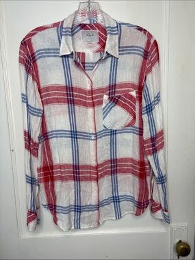 Rails Charli Carmine Blue White Red Plaid Button Down Shirt Linen Blend Sz XS